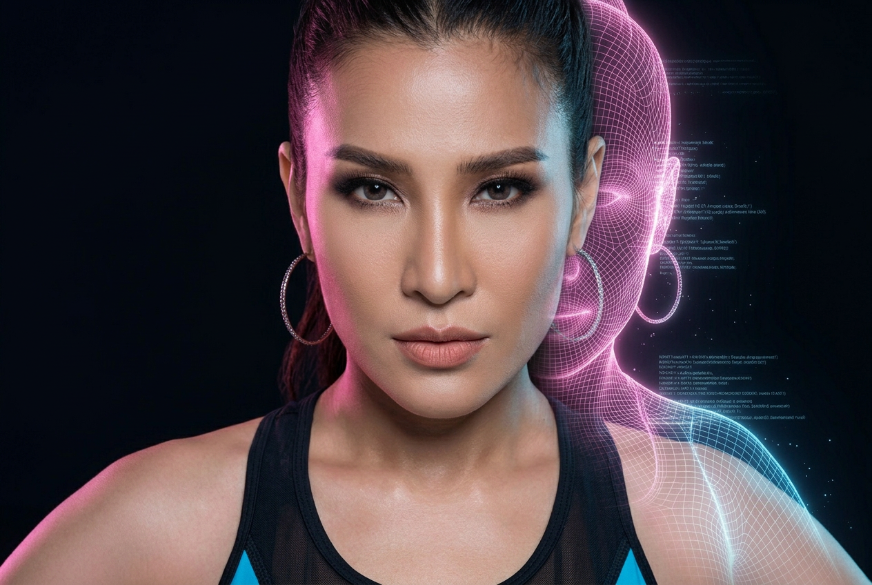 A woman standing beside her glowing holographic AI digital twin